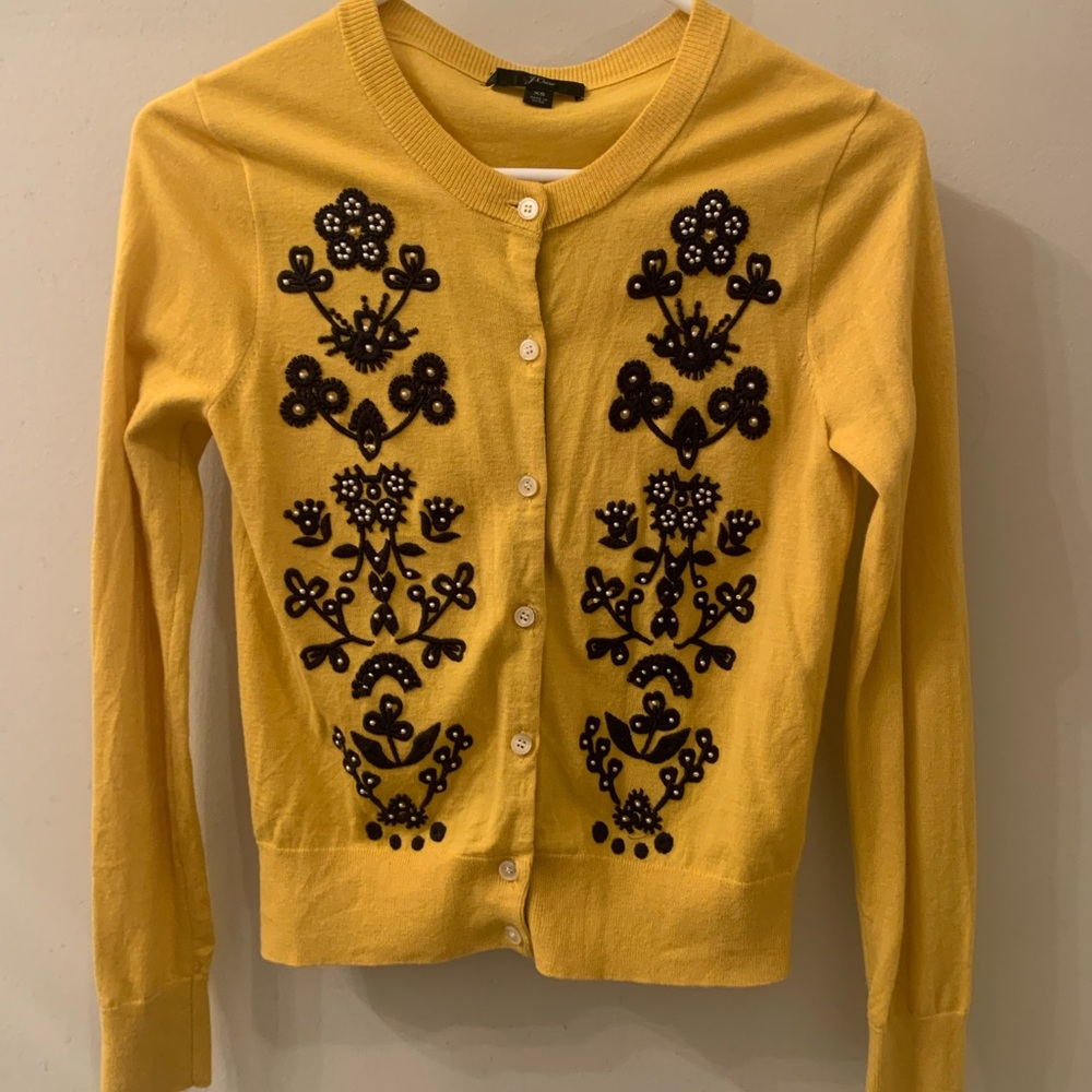 J Crew Mustard Cardigan with Navy and Pearl decorations, size XS